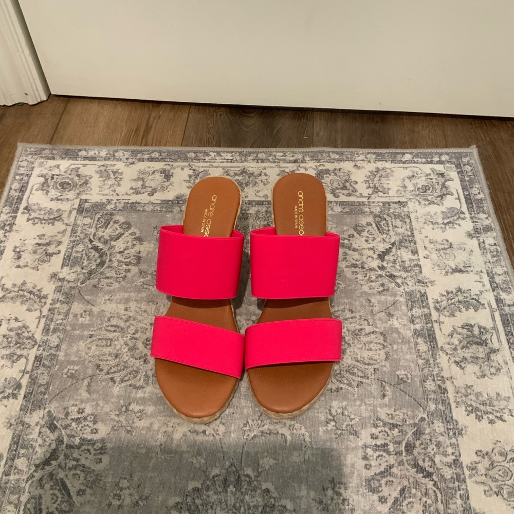 Andre Assous Two-Band Slide Sandals in Hot Pink and Tan